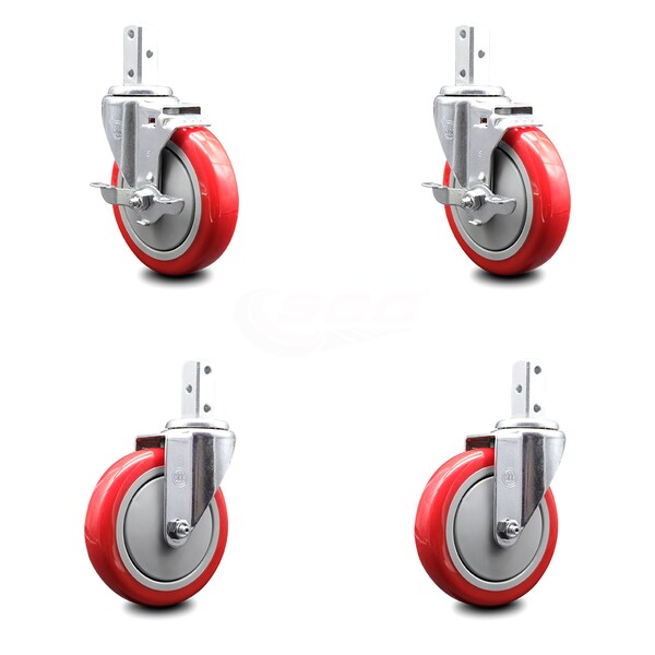 Service Caster 5 Inch Red Polyurethane Wheel Swivel 3/4 Inch Square Stem Caster Brakes, 2PK SCC-SQ20S514-PPUB-RED-TLB-34-2-S-2 - main